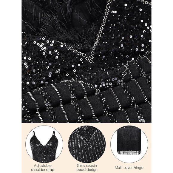 Women's Flapper Dress 1920s Sequin Fringe V Neck Short Sleeve Great Gatsby - Picture 4 of 6